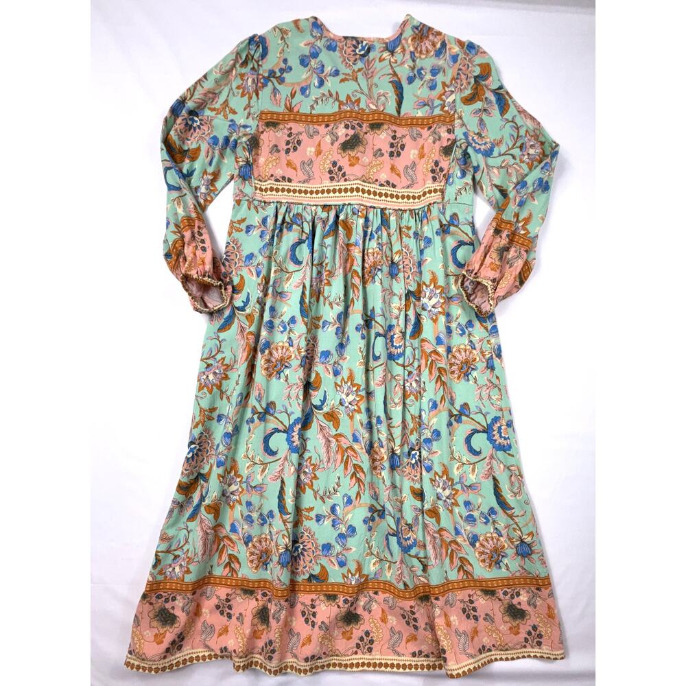 R.Vivimos sage and peach Sz 6 floral boho long-sleeve midi dress - Picture 9 of 13